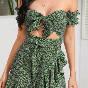 SHEIN Tie Front Cutout Detail Shirred Wrap Dress